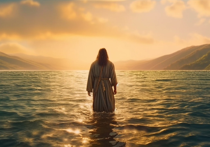 Back-view-Jesus-Christ-walking-on-water-on-the-sea.-Generative-A